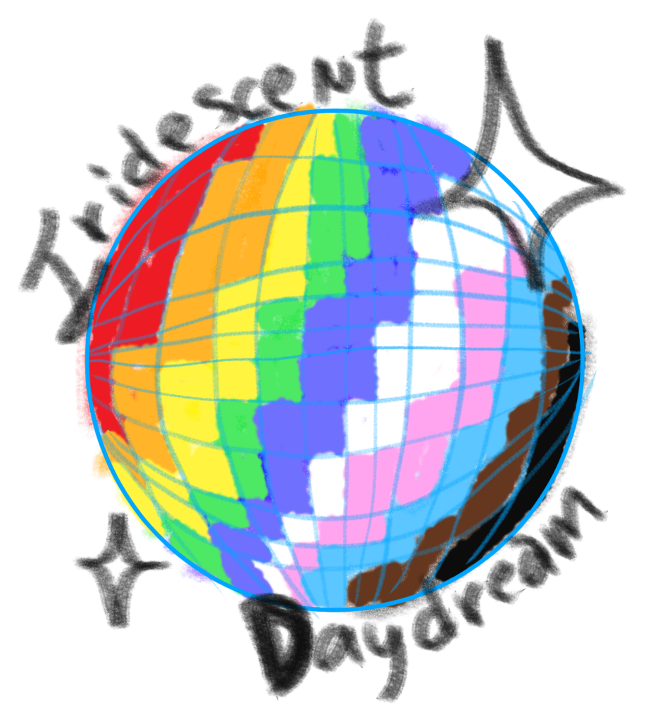 Sketch of a disco ball covered in rainbow colors, with two four-pointed white stars surrounding it and "Iridescent Daydream" above and below it in black text.
