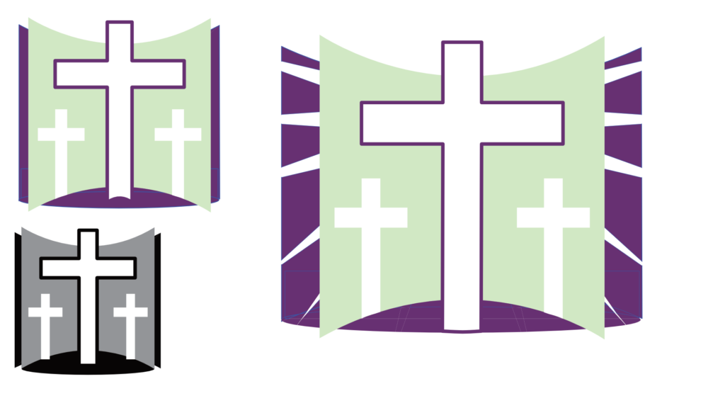 three similar logo designs featuring the calvary crosses with shades of purple and green.