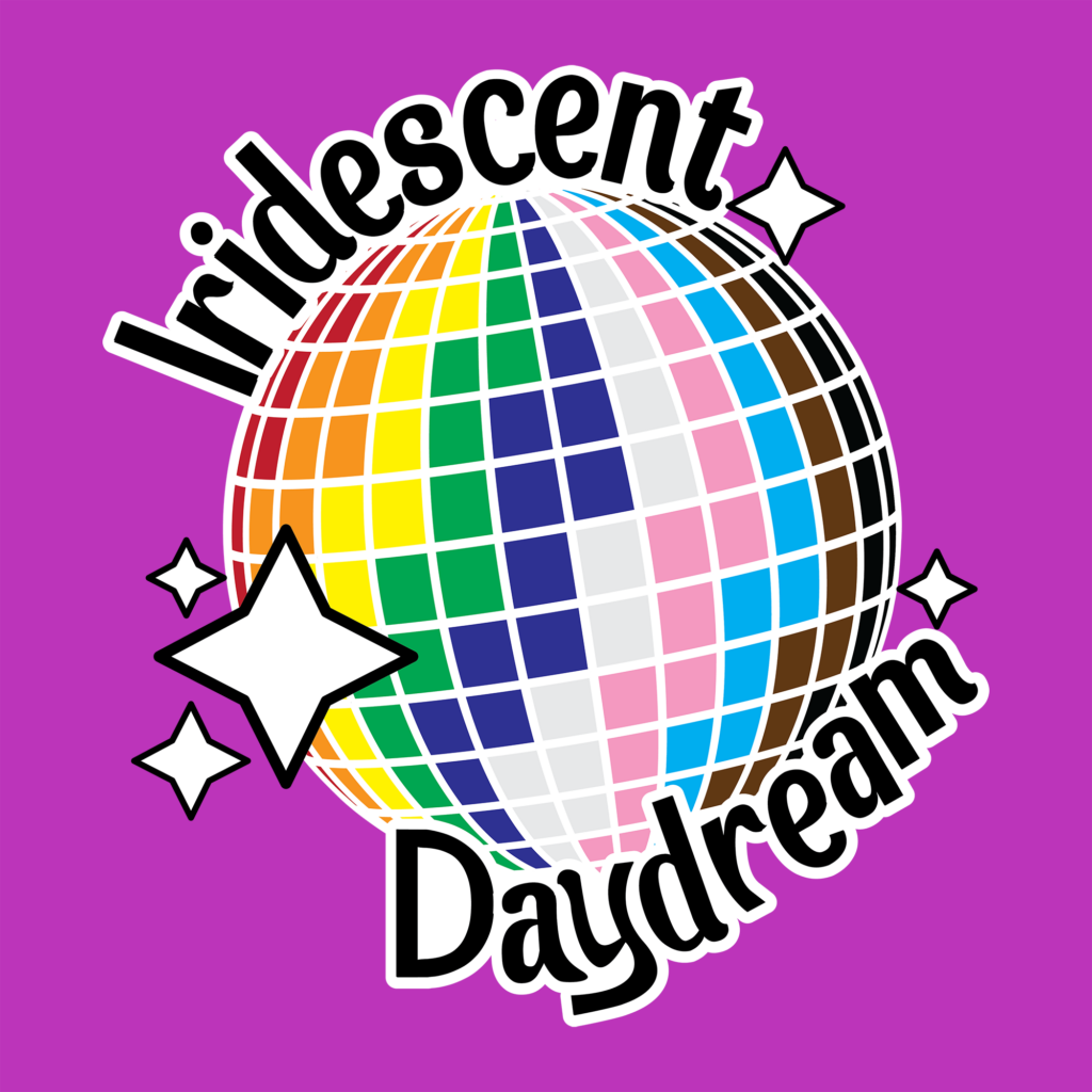 A rainbow disco ball with white four-pointed stars surrounding it. Atop and along the bottom are the words "Iridescent Daydream" in black letters. The background behind the logo is purple.